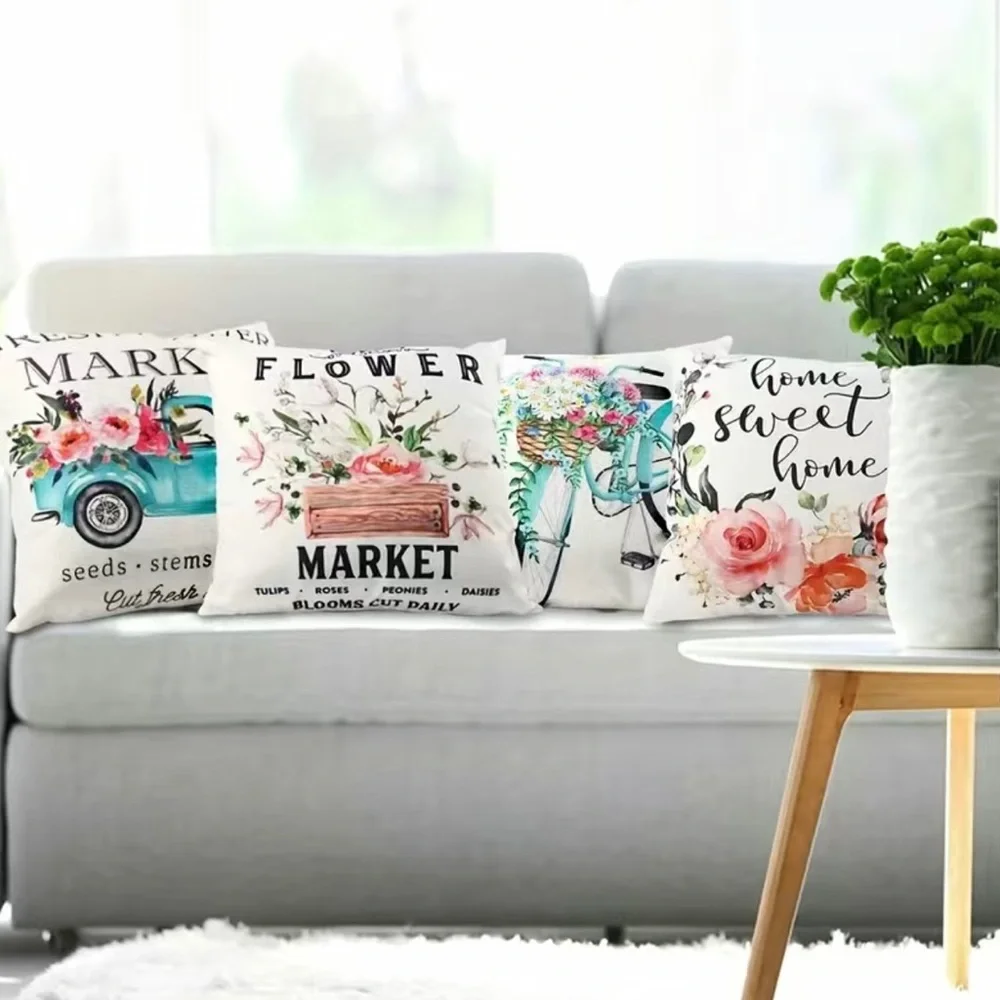 4pcs Flower Bicycle Car Print Pillow Covers, Linen Blend Pillowcases Farmhouse‎